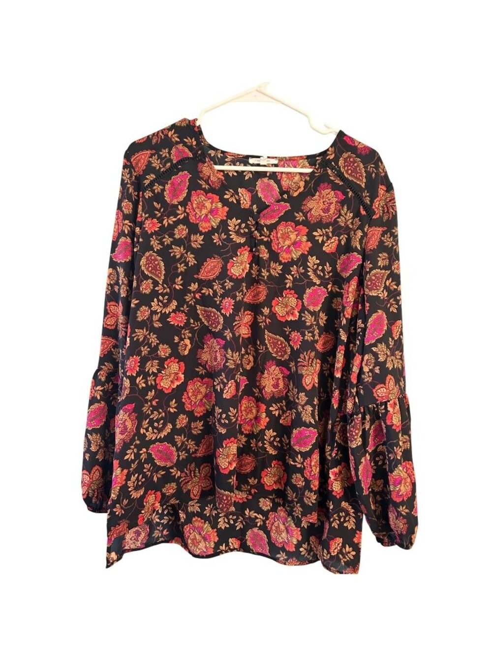 Maurices Blouse Womens Large Black Floral Paisley Bell Sleeve V-Neck Boho Top